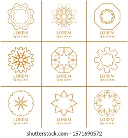 Vector design elements set, round line patterns, logo templates. Monochrome geometric mandala ornaments in trendy linear style for luxury products, organic cosmetics packaging, business cards