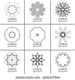 Vector design elements set, round line patterns, logo templates. Monochrome geometric mandala ornaments in trendy linear style for luxury products, organic cosmetics packaging, business cards