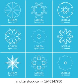 Vector design elements set, round line patterns, logo templates. Monochrome geometric mandala ornaments in trendy linear style for luxury products, organic cosmetics packaging, business cards