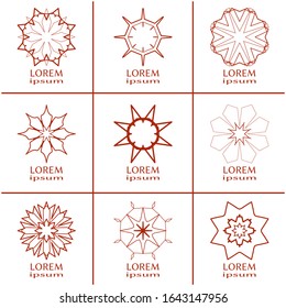 Vector design elements set, round line patterns, logo templates. Monochrome geometric mandala ornaments in trendy linear style for luxury products, organic cosmetics packaging, business cards