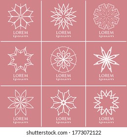 Vector design elements set, round line patterns, logo templates. Monochrome geometric mandala ornaments in trendy linear style for luxury products, organic cosmetics packaging, business cards