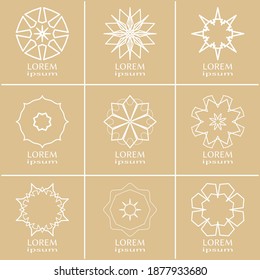 Vector design elements set, round line patterns, logo templates. Monochrome geometric mandala ornaments in trendy linear style for luxury products, organic cosmetics packaging, business cards