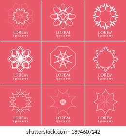 Vector design elements set, round line patterns, logo templates. Monochrome geometric mandala ornaments in trendy linear style for luxury products, organic cosmetics packaging, business cards