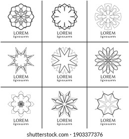 Vector design elements set, round line patterns, logo templates. Monochrome geometric mandala ornaments in trendy linear style for luxury products, organic cosmetics packaging, business cards
