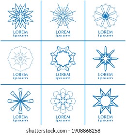 Vector design elements set, round line patterns, logo templates. Monochrome geometric mandala ornaments in trendy linear style for luxury products, organic cosmetics packaging, business cards