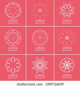 Vector design elements set, round line patterns, logo templates. Monochrome geometric mandala ornaments in trendy linear style for luxury products, organic cosmetics packaging, business cards