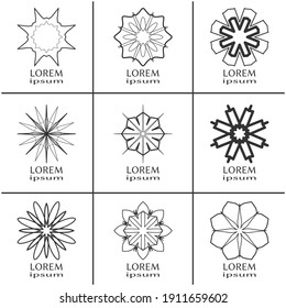 Vector design elements set, round line patterns, logo templates. Monochrome geometric mandala ornaments in trendy linear style for luxury products, organic cosmetics packaging, business cards