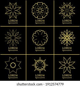 Vector design elements set, round line patterns, logo templates. Monochrome geometric mandala ornaments in trendy linear style for luxury products, organic cosmetics packaging, business cards