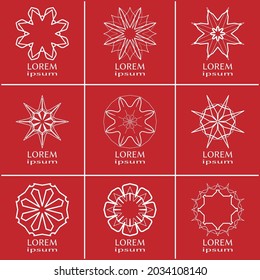 Vector design elements set, round line patterns, logo templates. Monochrome geometric mandala ornaments in trendy linear style for luxury products, organic cosmetics packaging, business cards