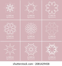 Vector design elements set, round line patterns, logo templates. Monochrome geometric mandala ornaments in trendy linear style for luxury products, organic cosmetics packaging, business cards
