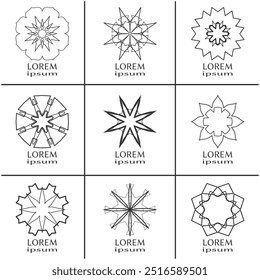 Vector design elements set, round line patterns, logo templates. Monochrome geometric mandala ornaments in trendy linear style for luxury products, organic cosmetics packaging, business cards