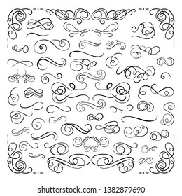 Vector Design Elements Set, Scrolls and Swirls, Drawn Calligraphic Swirly Lines Isolated on White Background, Book Decorations, Romantic Elements for Wedding Cards, Invitations.