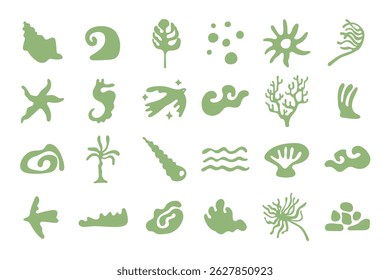 Vector design elements set of summer holiday vibes for prints templates - simple hand drawn linocut style. Wavy and groovy shapes for packaging, prints, social media, surface design