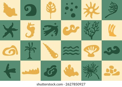Vector design elements set of summer holiday vibes for prints templates - simple hand drawn linocut style. Wavy and groovy shapes for packaging, prints, social media, surface design