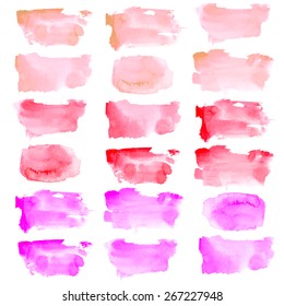 Vector design elements set. Watercolor prolonged shapes in orange, red and pink color isolated on white.