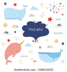 Vector design elements set with whales, narwhal, seagulls, and waves. Can be used for baby shower, children's birthday, greeting cards, stickers, T-shirts, etc. Isolated on white background.