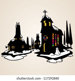 Vector design elements, silhouette of small town church