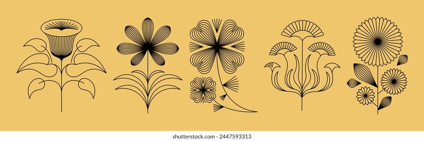 Vector design elements and simple illustrations in simple linear style, packaging template and stickers, minimal designs for golden foil printing, organic products, cosmetics, cards, invitations and p