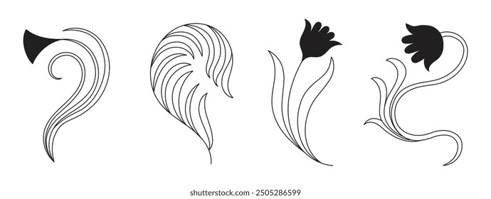 Vector design elements and simple illustrations in simple linear style, packaging template and stickers, minimal designs for golden foil printing, organic products, cosmetics, cards, invitations and p