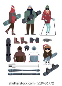 Vector design elements of skier, outfit and ski equipment for winter season.