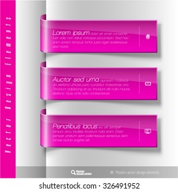 Vector design elements. Three pink ribbon on the gray sheet. Color banners.