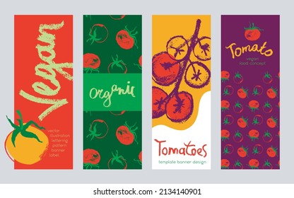 Vector design elements. Tomatoes seamless pattern, label tomato paste, agro logo, tomato juice packaging. Hand-drawn illustration. Organic vegetable background. Tomato banner. Vegan restaurant concept