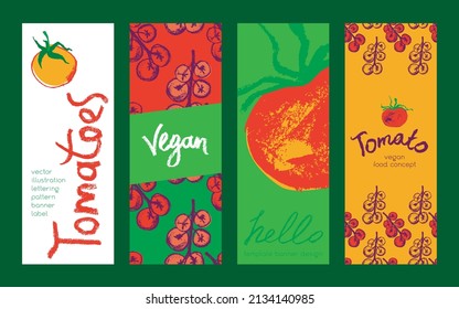 Vector design elements. Tomatoes seamless pattern, label tomato paste, agro logo, tomato juice packaging. Hand-drawn illustration. Organic vegetable background. Tomato banner. Vegan restaurant concept