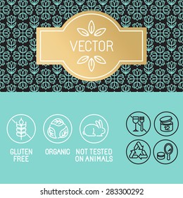 Vector design elements in trendy linear style - label and icons for beauty and cosmetic products package - emblems gluten free, organic and not tested on animals