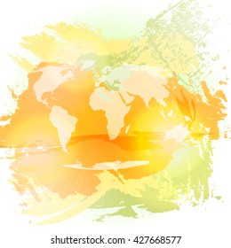 Vector design elements. Vector watercolor background with world map. Grunge frame