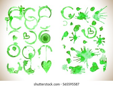 Vector design elements.  Watercolor organic eco template. Green splashes vector. Abstract artistic element forming by blots. 