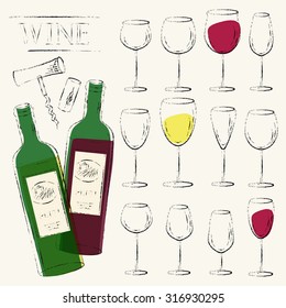 Vector design elements. Wine glasses, cork, corkscrew and open white and red wine bottle set. Various types of wine glasses. Grungy sketch illustration.