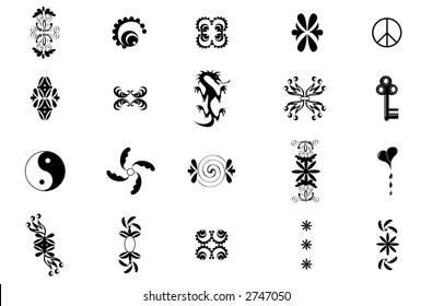 Vector design elements,including  ying-yang, peace sign and many more,black over a white background.