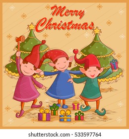 Vector design of Elf with gift for festival Merry Christmas holiday background