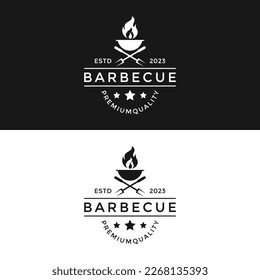 vector design emblem grill barbecue bbq with crossed forks and flame logo design template perfect for restaurant vintage style