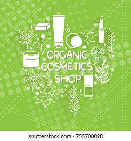 vector design of the emblem and logo of the organic cosmetics store. hand-drawn creams, ointments and herbs on a green background