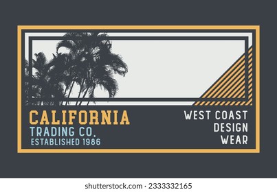 Vector design of emblem with silhouette of coconut trees and text Cheers to summer and California, USA. Art for printing on t-shirts, decoration and etc.