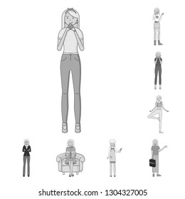 Vector design of emotions and female icon. Set of emotions and body stock vector illustration.