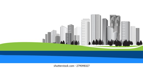 Vector Design - Eps10 Building and City Illustration, City scene, Town and Nature green field landscape