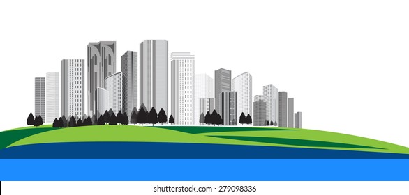 Vector Design - Eps10 Building and City Illustration, City scene, Town and Nature green field landscape
