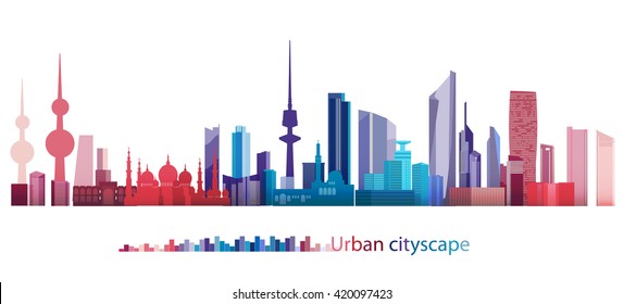 Vector Design - eps10 Colorful Building and City, Kuwait cityscape, Abstract City scene of Kuwait, Twilight in city