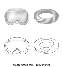 Vector design of equipment and swimming sign. Set of equipment and activity stock symbol for web.