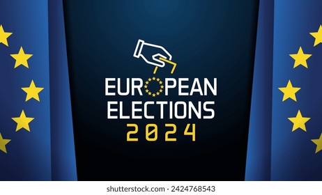 Vector design European elections 2024 graphic. Text and hand with voting paper icon with the 12 golden stars circle on a background with the Europe flag and blue background