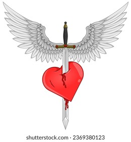 Diseño vectorial de la espada medieval europea con alas, espada alada que atraviesa el corazón como símbolo del amor
