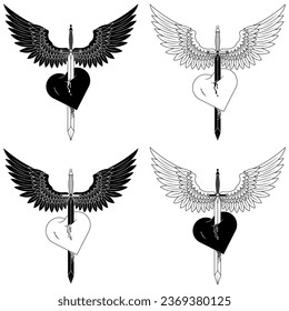 Vector design of European medieval sword with wings, Winged sword piercing a heart as a symbol of love