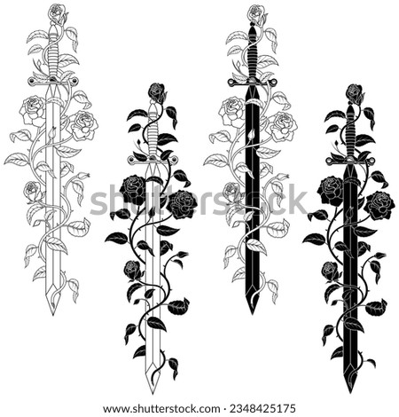 Vector design of European medieval sword with roses, Ancient sword surrounded by plants and flowers
