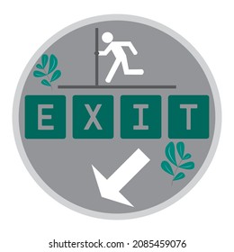 vector design of exit lettering to the bottom left in turquoise green on a gray background and white combination for exits, building emergency stairs and so on and editable illustrations