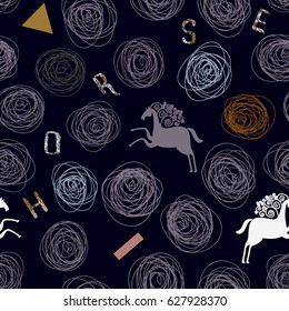 Vector design for fabric, textile, cards, web. Pattern with hand drawn lines, geometric and silhouettes of horses. Fashion style 