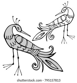 Vector design with fabulous birds.
In black and white style.
Can be used for printing on paper, stickers, badges, bijouterie, tattoo.