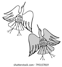 Vector design with fabulous birds.
In black and white style.
Can be used for printing on paper, stickers, badges, bijouterie, tattoo.