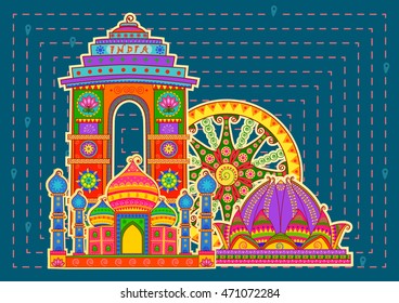 Vector design of famous monument and landmarkof India in Indian art style